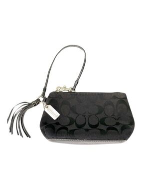 Coach Signature Monogram Fabric Small Wristlet Handbag Zipper Tassel Black Silve